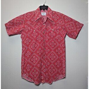 H Bar C Mens Pearl Snap Western Shirt Vintage 70s Red Bandana AOP USA Americana